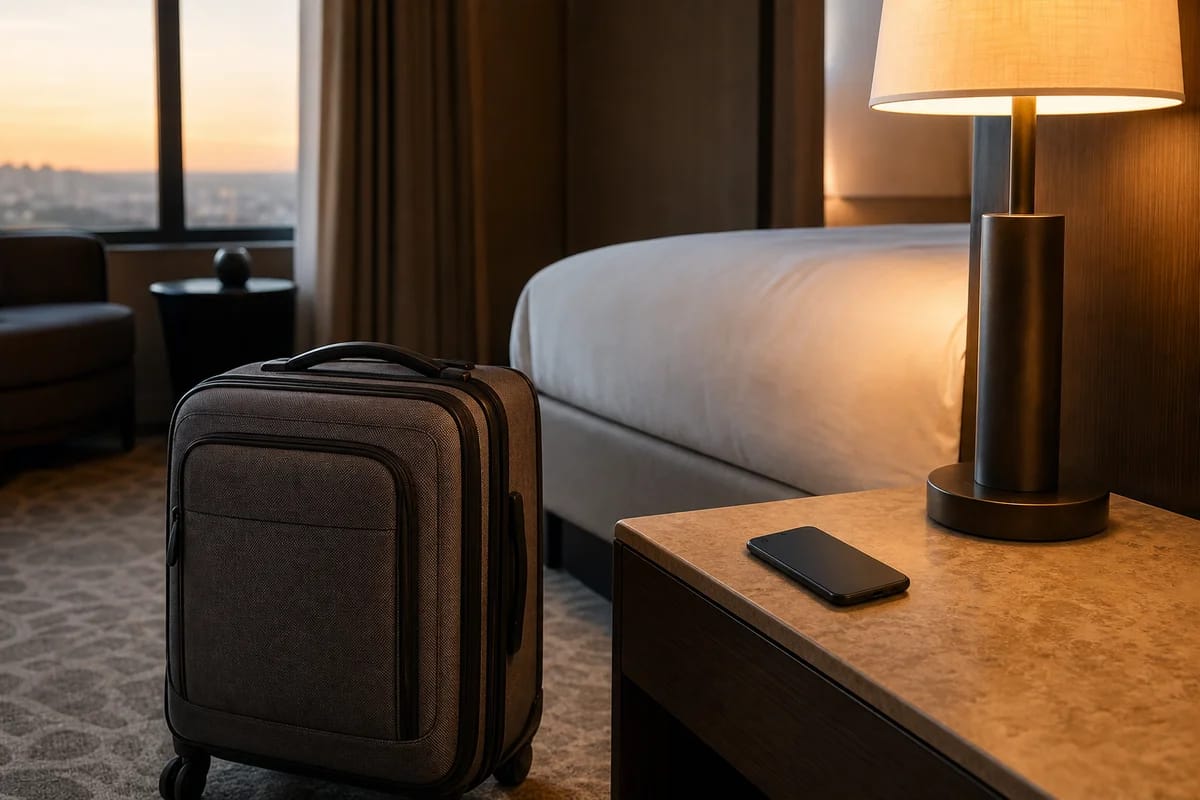 A packed carry-on suitcase and a phone resting face down on a tidy hotel nightstand in warm early-morning lamp light, calm and orderly