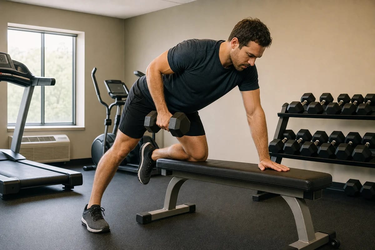 A person doing a slow one-arm dumbbell row braced on a bench in a small, plain hotel gym, focused and unstaged, morning light through a window