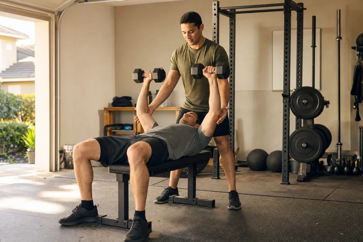 Two friends mid-workout in a garage gym, one spotting the other on dumbbell presses