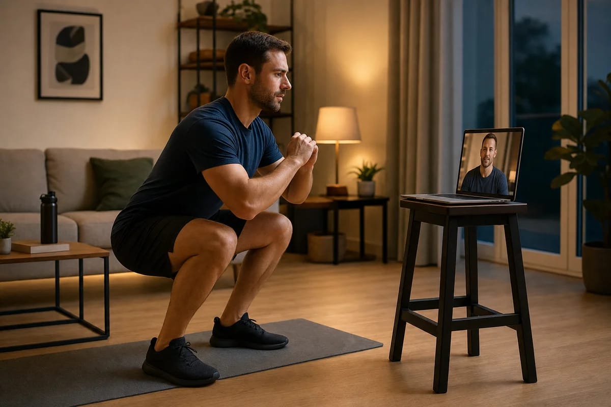 Home lifter mid-squat facing a laptop on a stool, coach visible on screen watching, evening living room