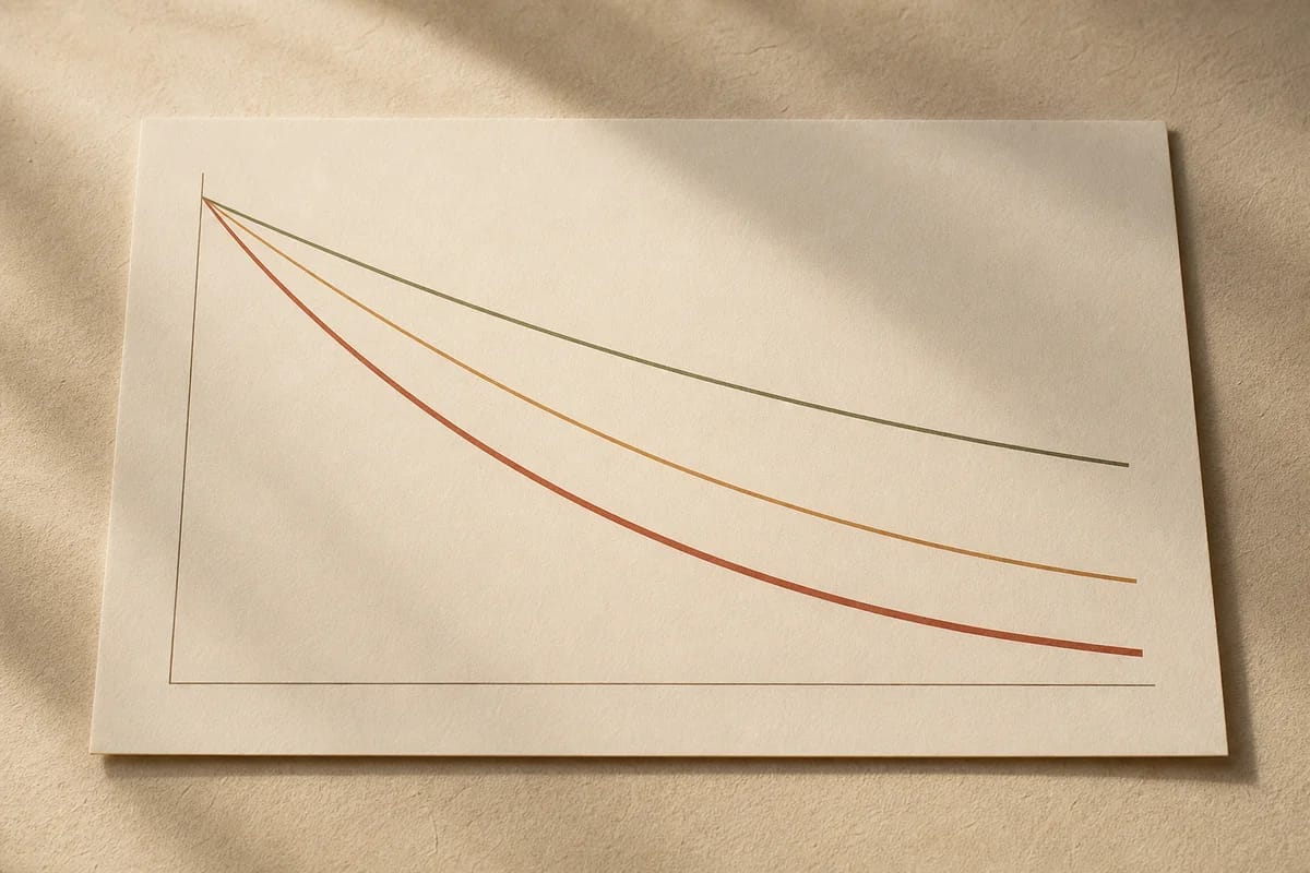 A clean line chart on a warm background showing three declining curves for strength, power, and aerobic capacity from age 40 to 90, power steepest