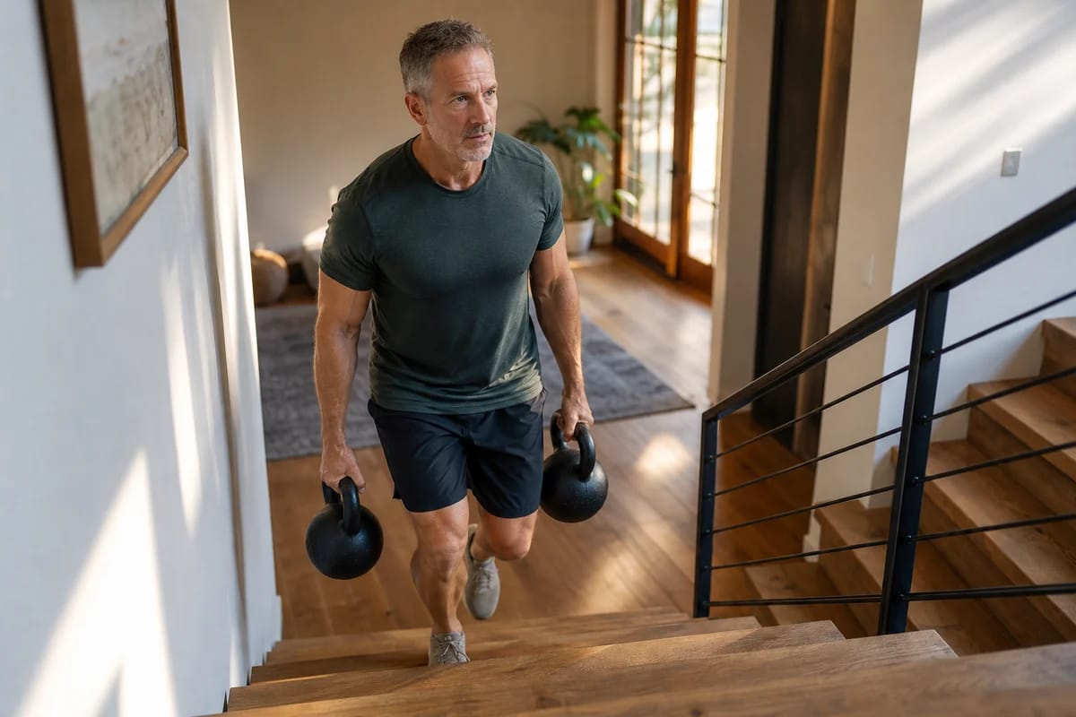 A person in their fifties carrying a loaded sandbag or two heavy kettlebells up a home staircase, focused effort