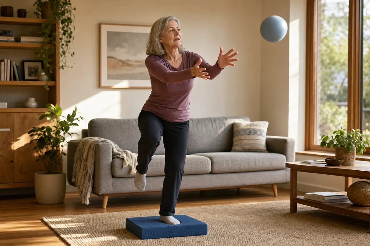 A woman in her sixties balancing on one leg on a soft foam pad in a living room, turning her head to catch a light ball, steady and concentrated