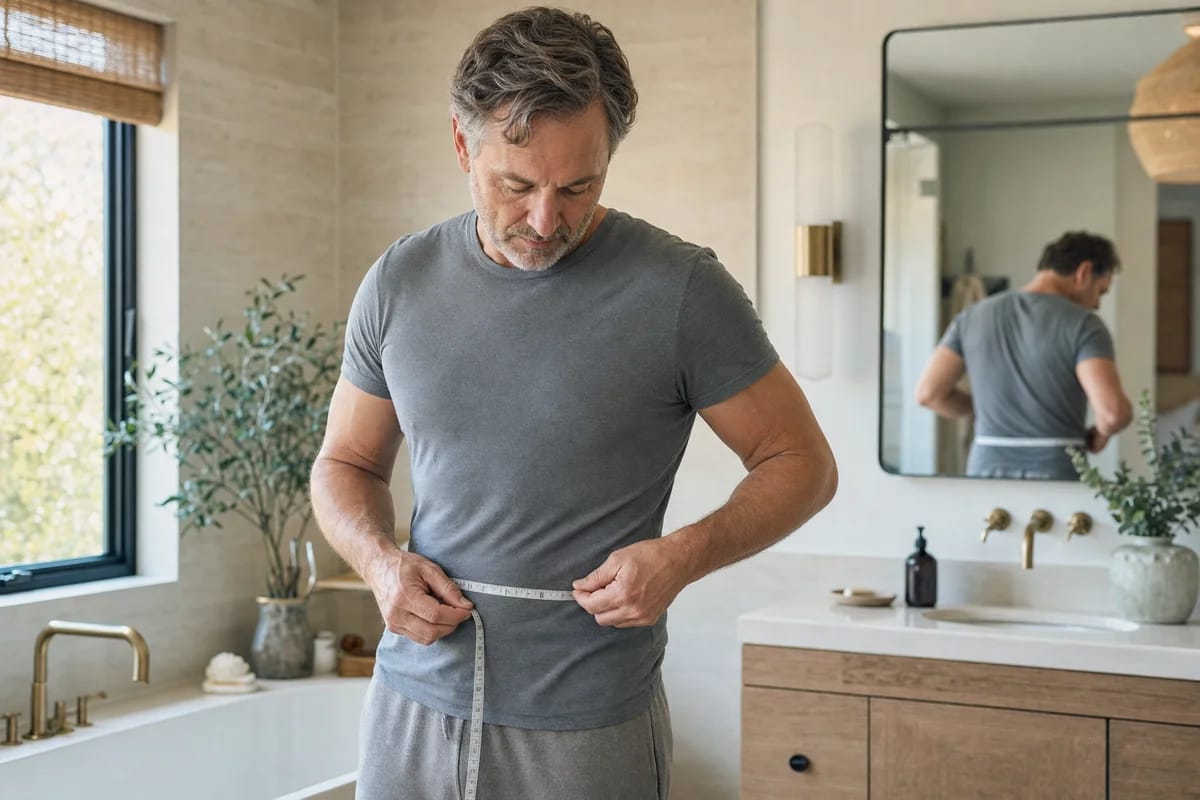 A person in their late forties looking at a tape measure around their waist in a bright bathroom, neutral and matter-of-fact, morning light