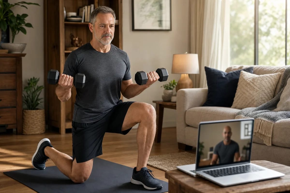 A person in their fifties mid-set with dumbbells in a warm home setup, focused and steady, a laptop nearby showing a coach on a video call