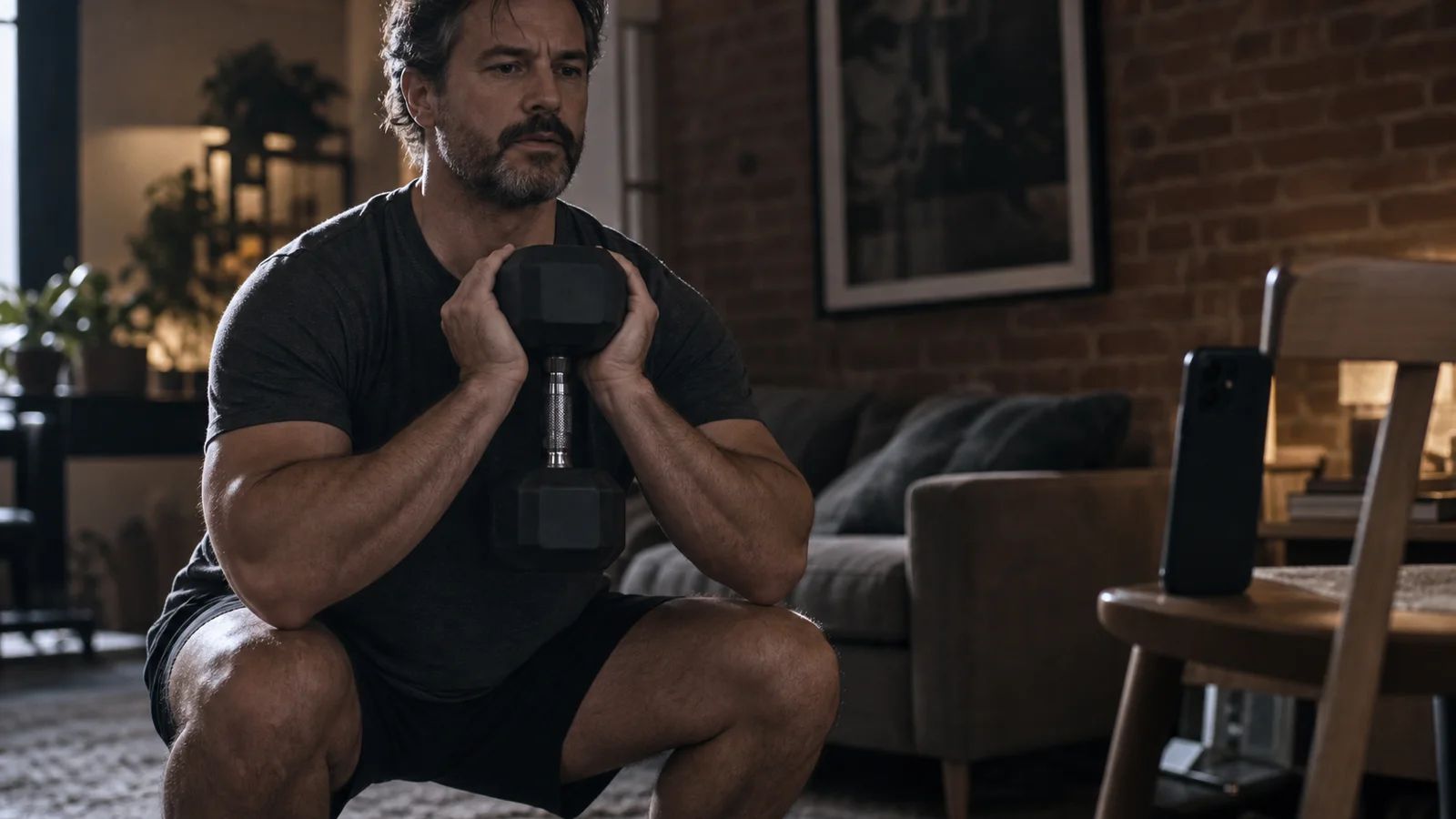Man in his forties sitting on a bench between sets in a sunlit home gym with dumbbells and a phone on a shelf