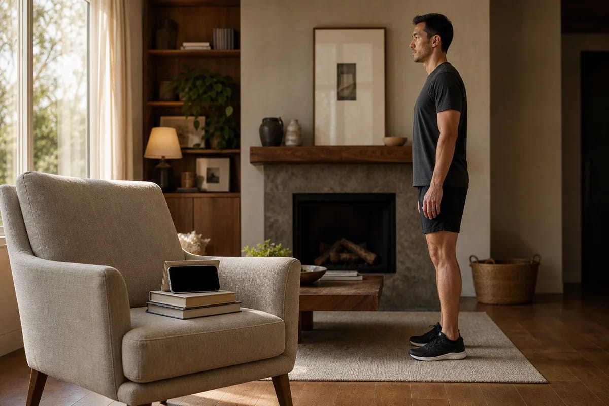 Phone propped in landscape on a stack of books on a chair seat, framing a person setting up for a squat side-on in a warm living room