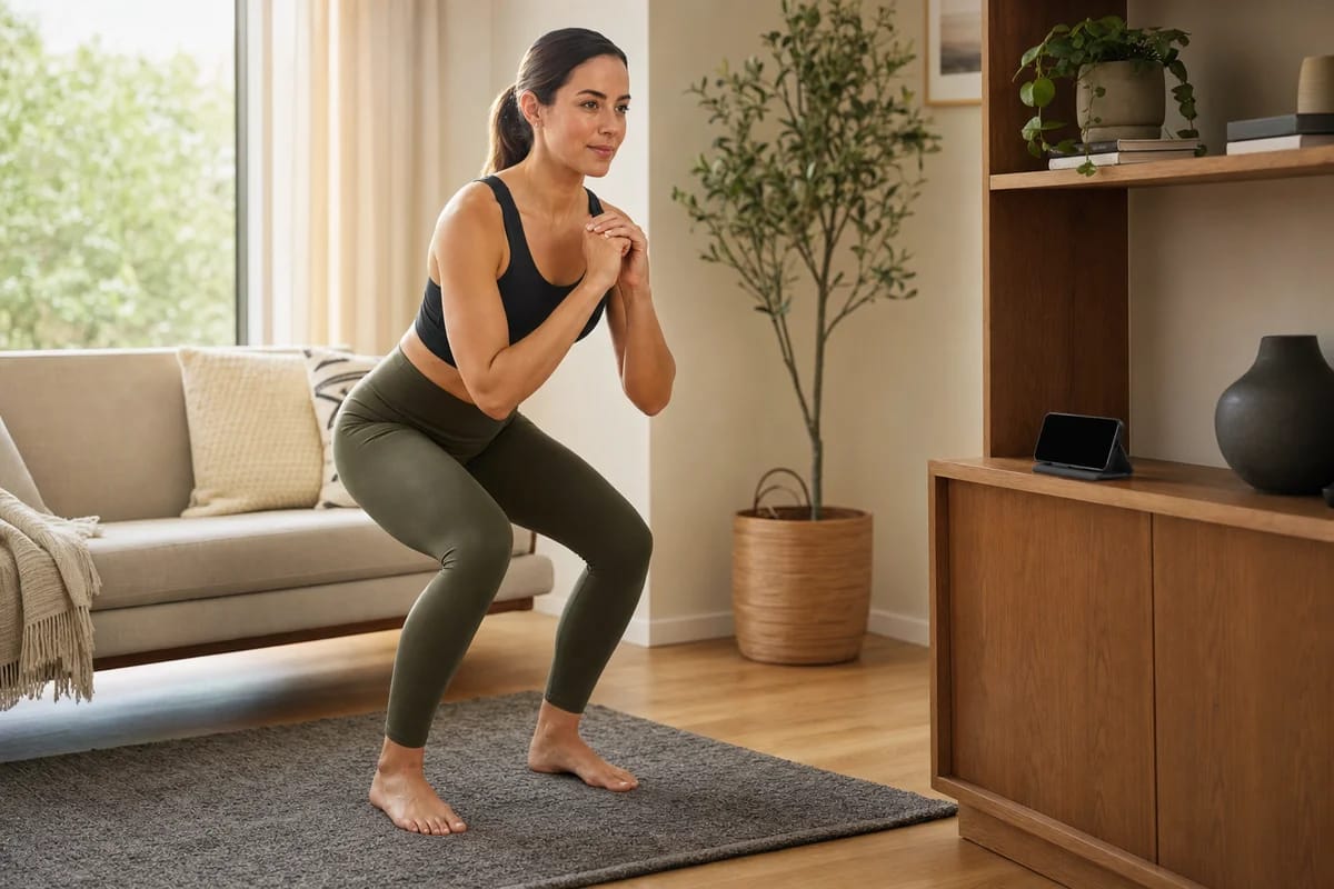 Person training at home with a phone propped on a low shelf, warm natural morning light