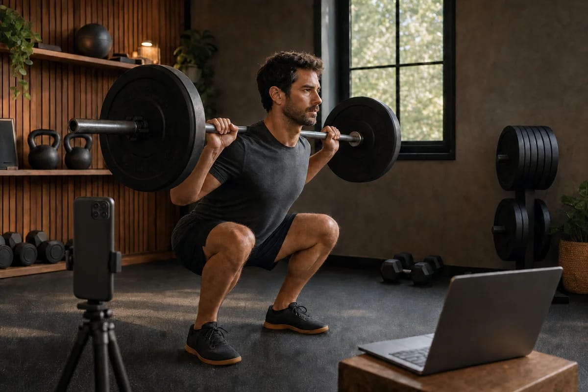 Side-on view of a man squatting with a barbell in a home gym, phone on a tripod at hip height in the foreground framing him, laptop nearby showing a video call