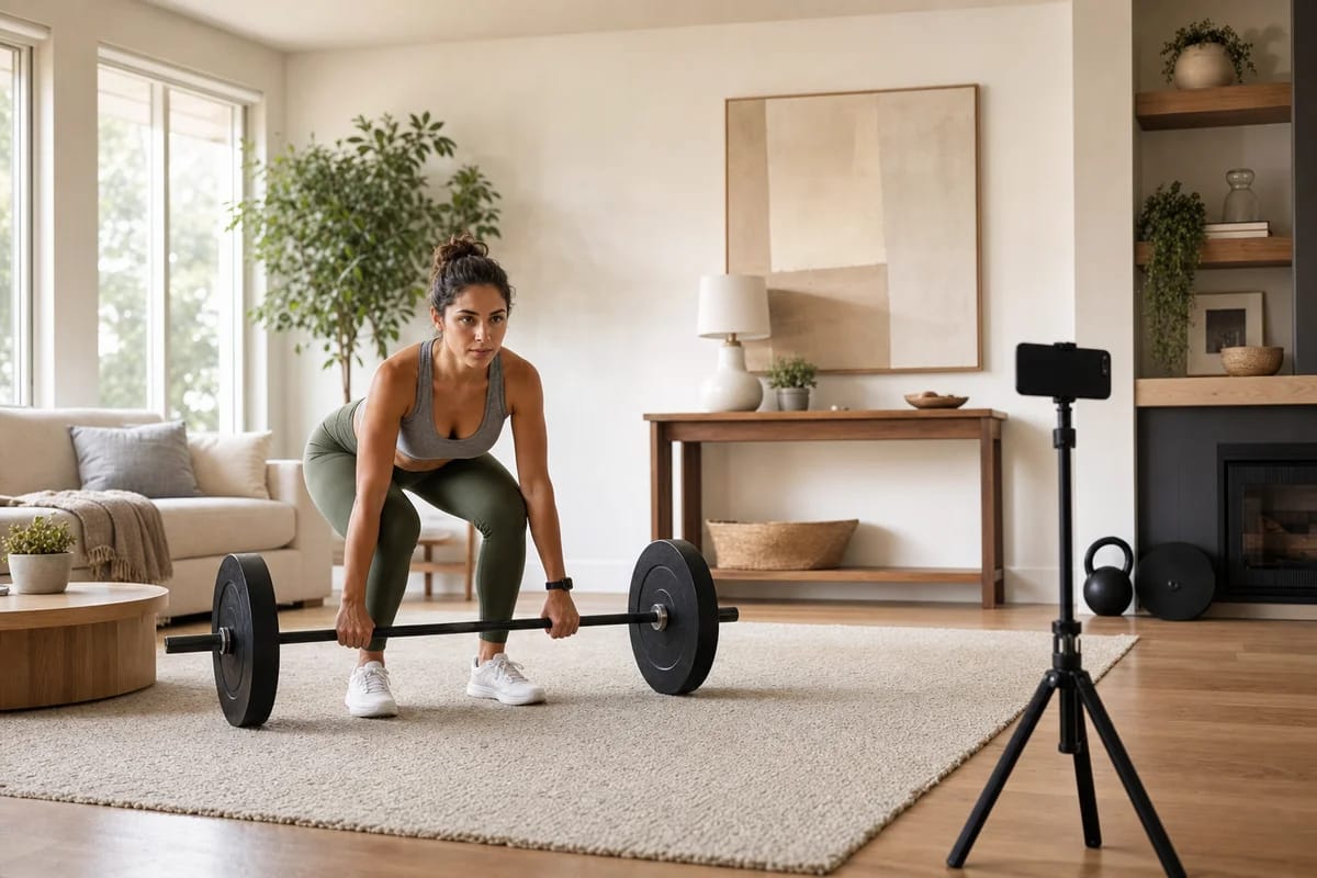 A woman setting up to lift in a bright living room with a phone on a small tripod positioned to her side capturing her full body, warm light