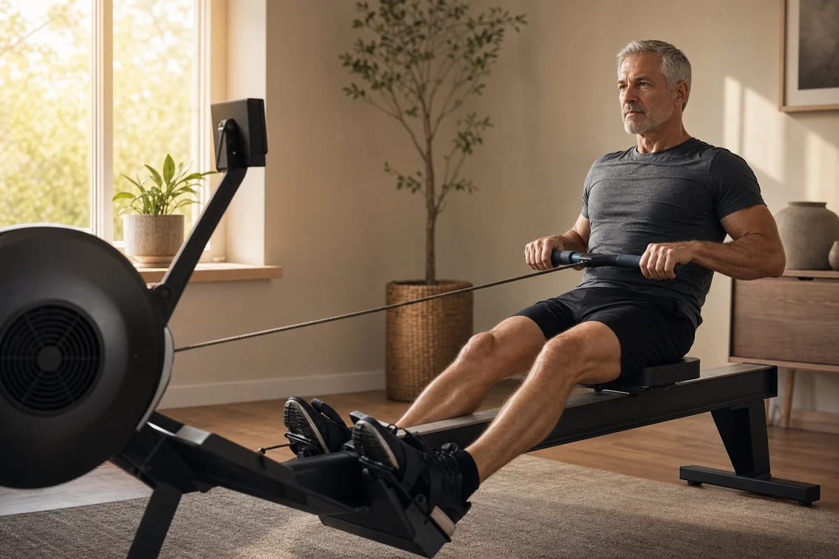A fit man in his late fifties rowing on a home rowing machine, focused and mid-stroke through a window