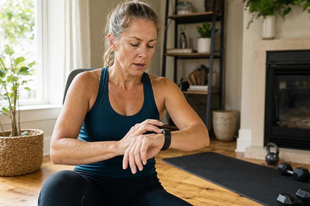 A woman in her fifties checking a heart-rate monitor on her wrist while catching her breath after an interval, home setting