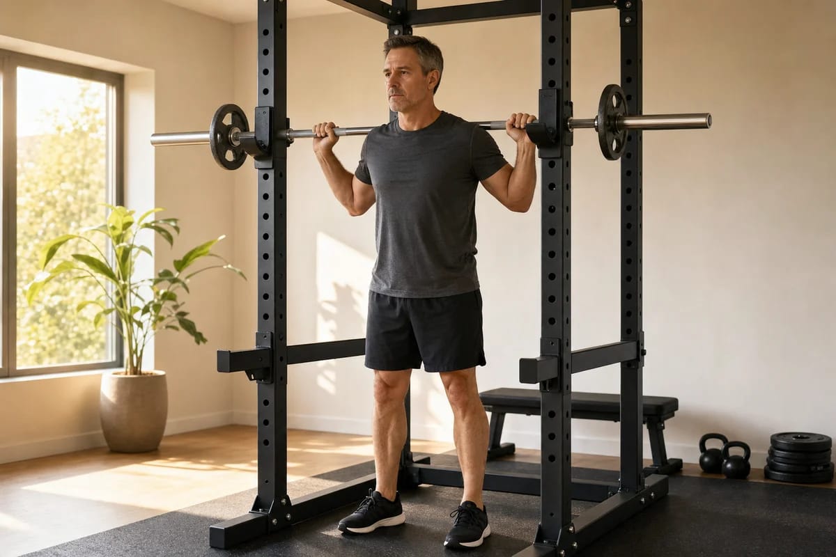 A person in their late forties re-racking a light barbell in a home gym, calm and unhurried expression