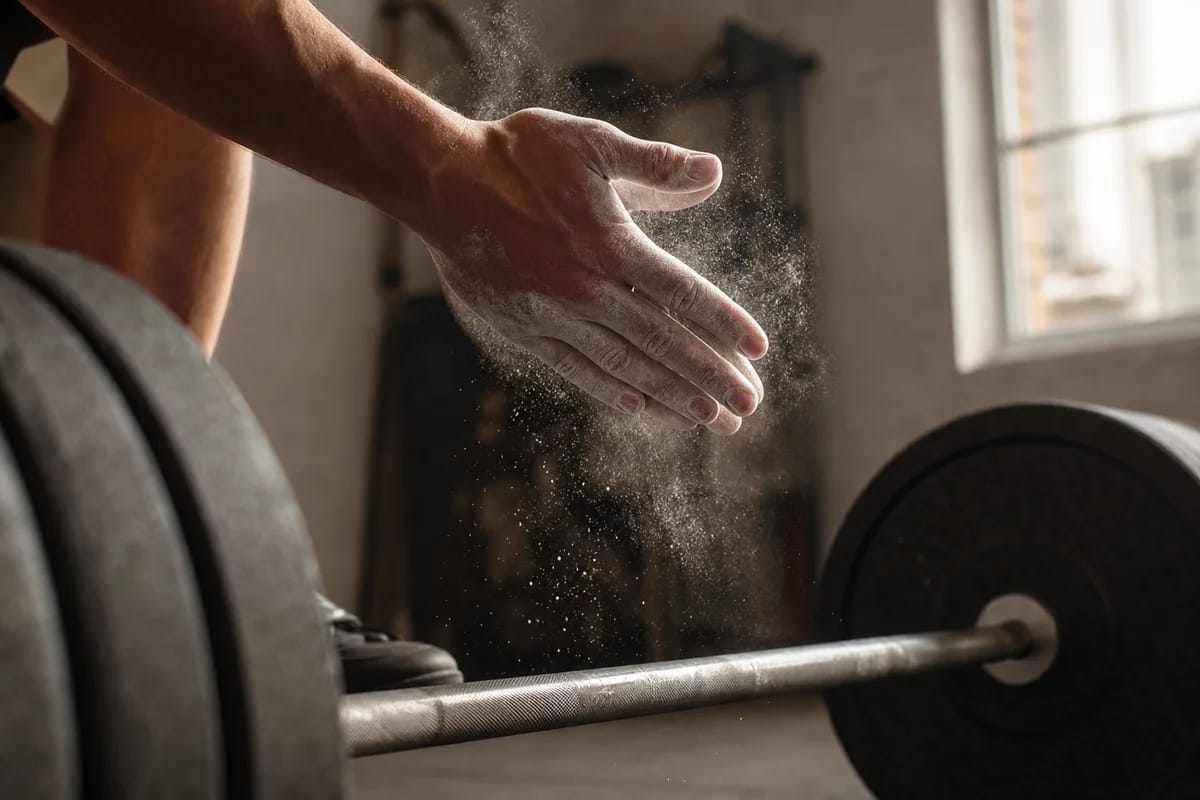 A close-up of a hand chalking up over a loaded barbell, mid-decision, soft