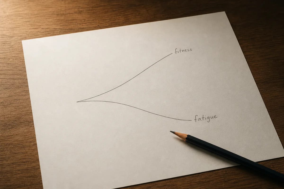 A simple clean line drawing on paper of two diverging curves labelled fitness and fatigue, a pencil resting on the page