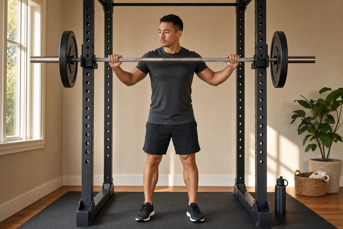 A person in a home setting racking a barbell after an easy set, relaxed and unstrained, water bottle nearby