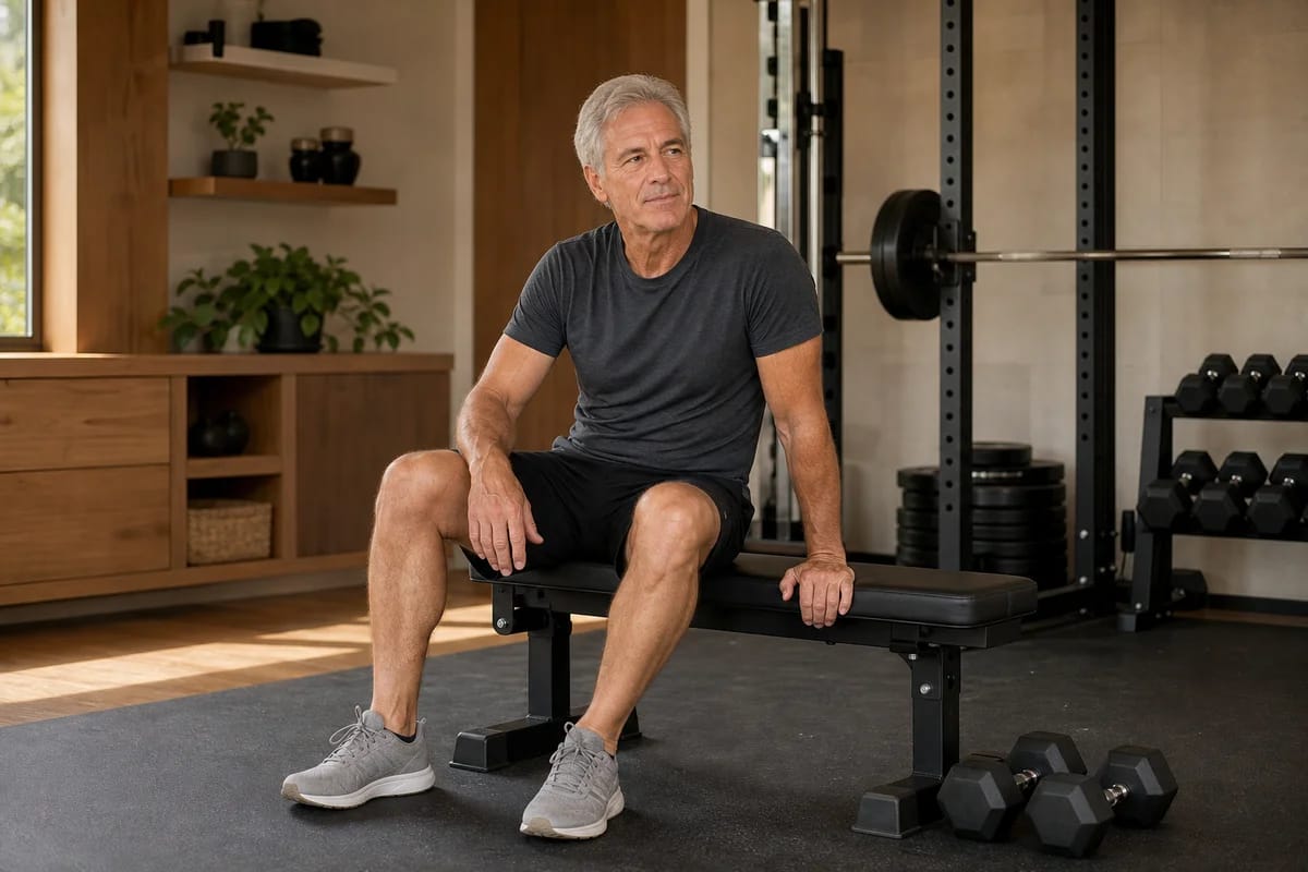 A fit, silver-haired lifter in their sixties resting between sets on a bench in a warm home gym, relaxed and unbothered