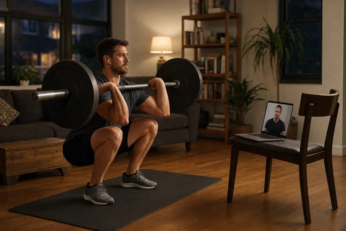 Home lifter mid-squat in a living room, laptop on a chair showing a coach watching