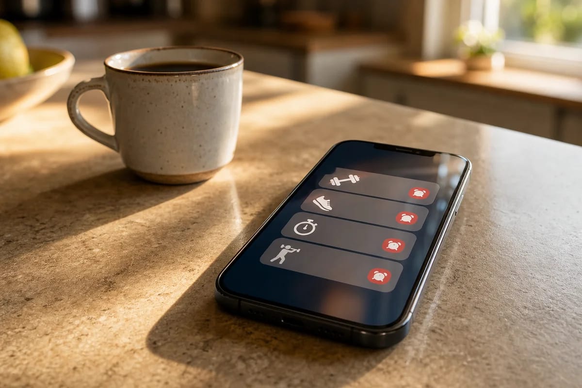 Phone on a kitchen counter showing a stack of ignored workout reminder notifications, morning light, coffee cup nearby