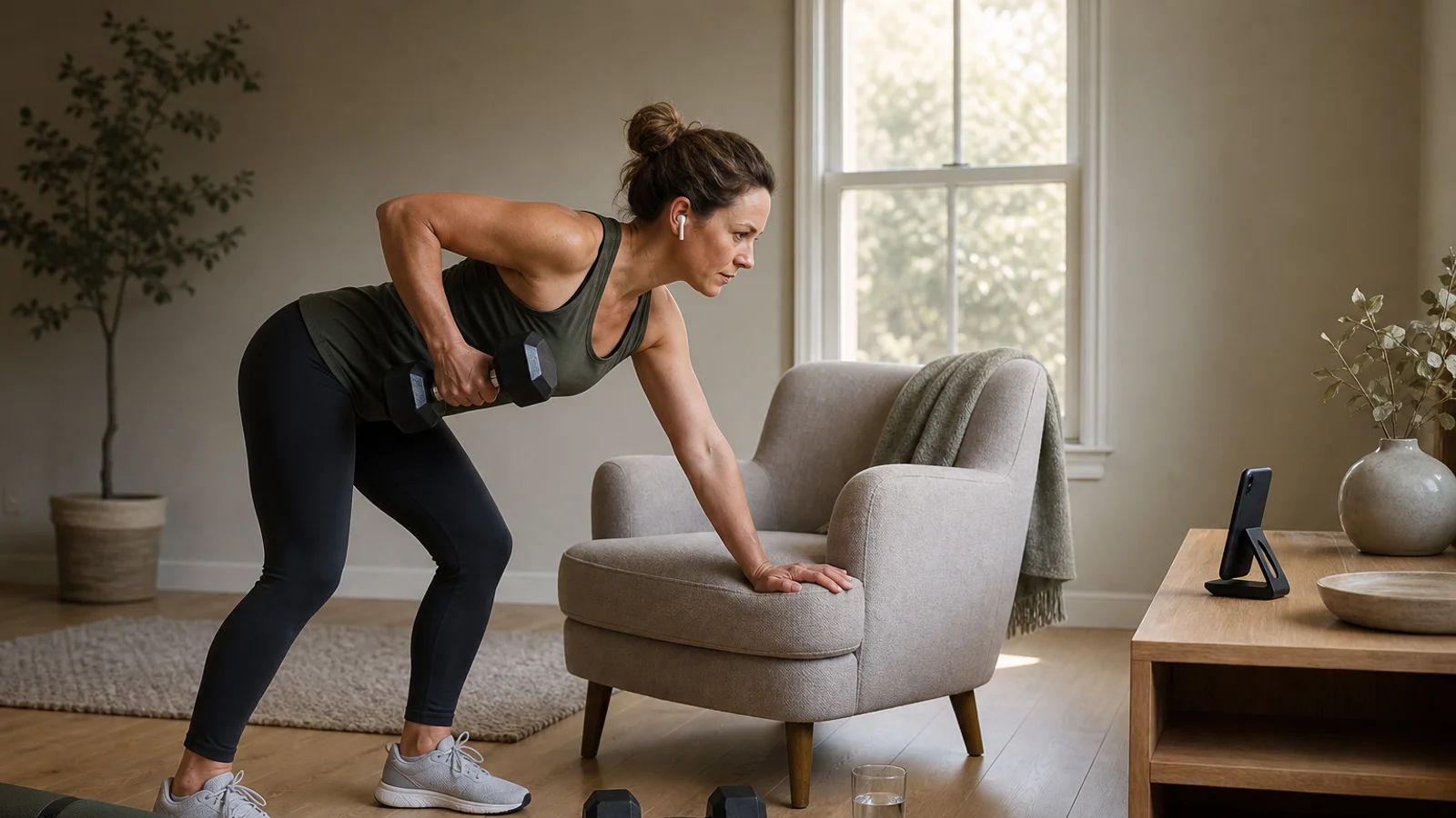 Woman doing a dumbbell row alone in her living room with her phone propped on a shelf and earbuds in
