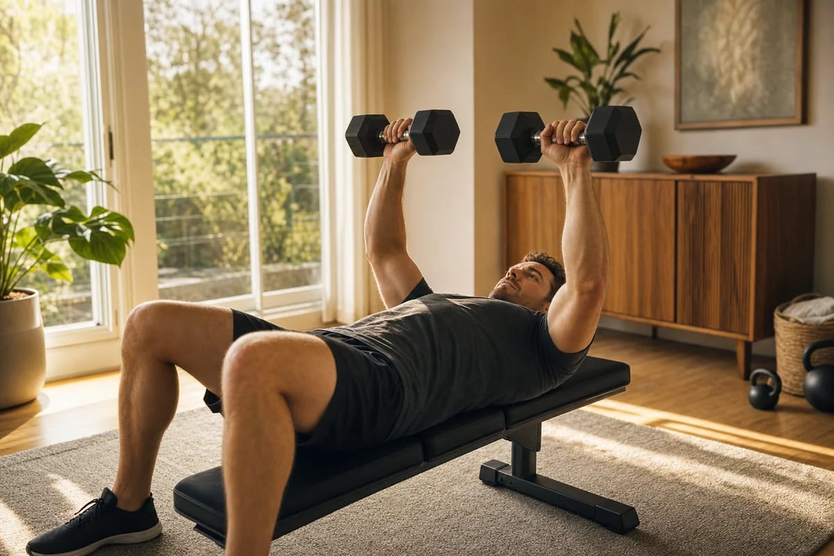 A person mid-set on a home dumbbell press, relaxed and focused