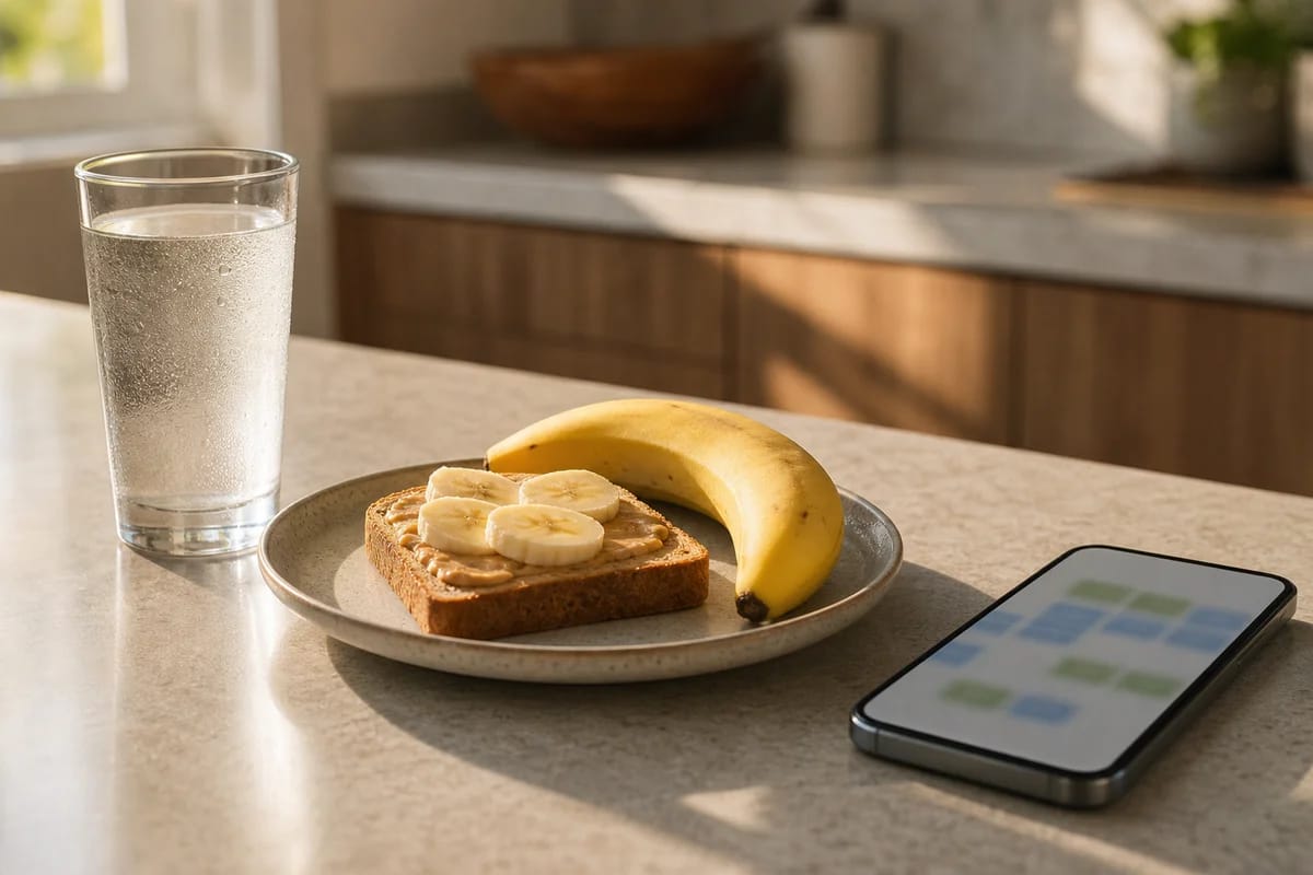 A simple pre-workout snack and water glass on a kitchen counter beside a phone showing a calendar with a recurring session block