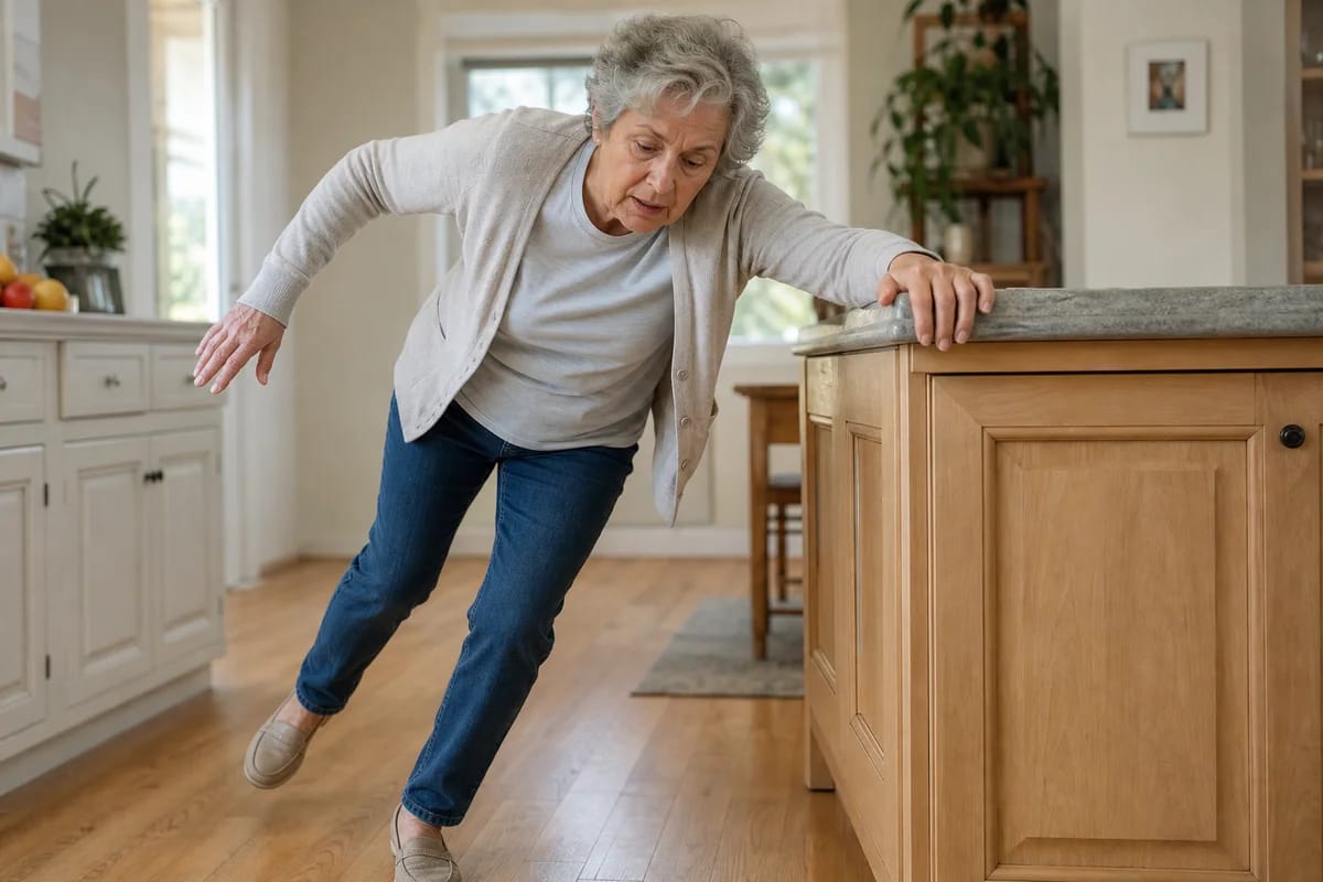 An older adult mid-stumble catching themselves on the edge of a kitchen counter in a bright home, weight on one leg, natural, candid and unposed