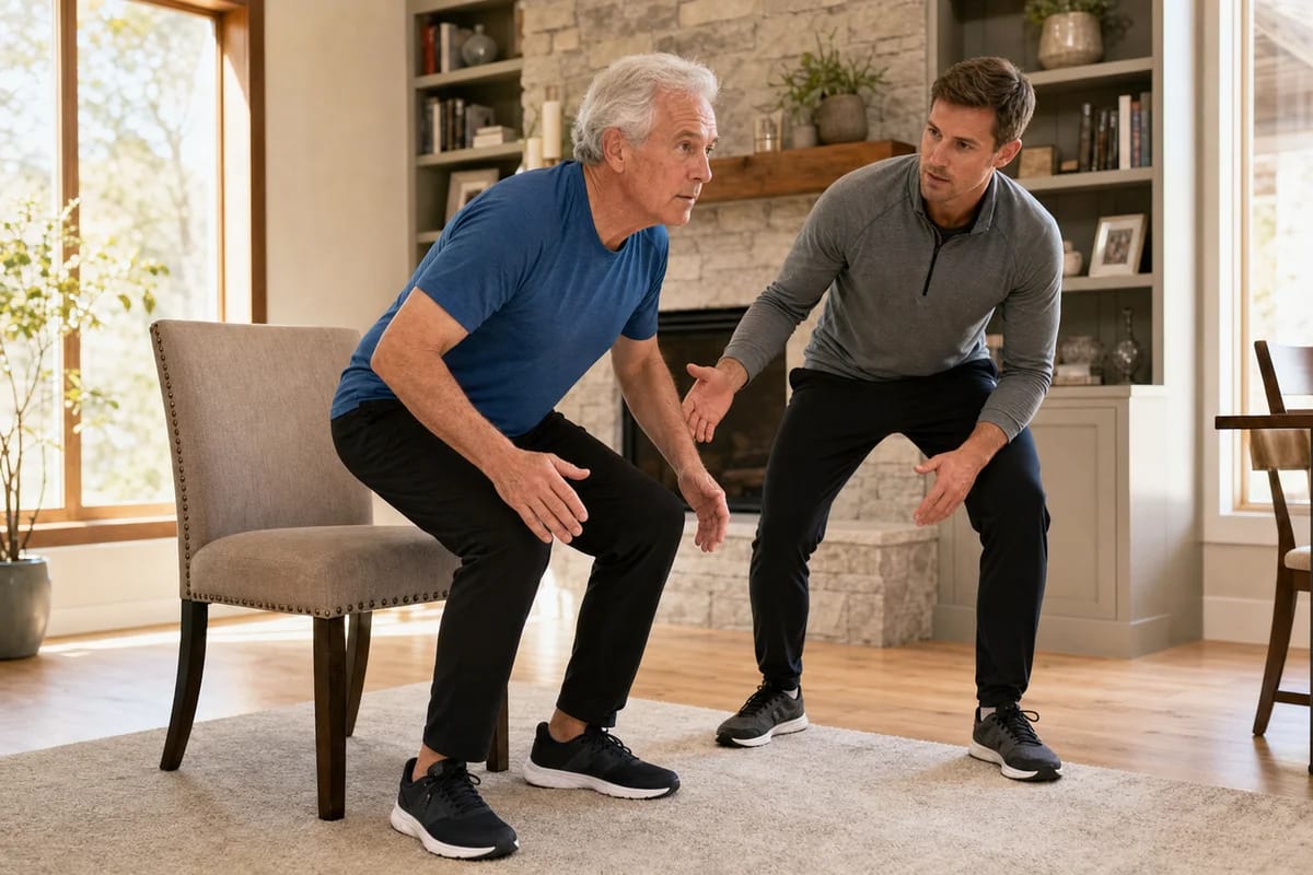 A coach or trainer watching an older adult perform a fast sit-to-stand from a sturdy chair in a home living room, both mid-movement, focused