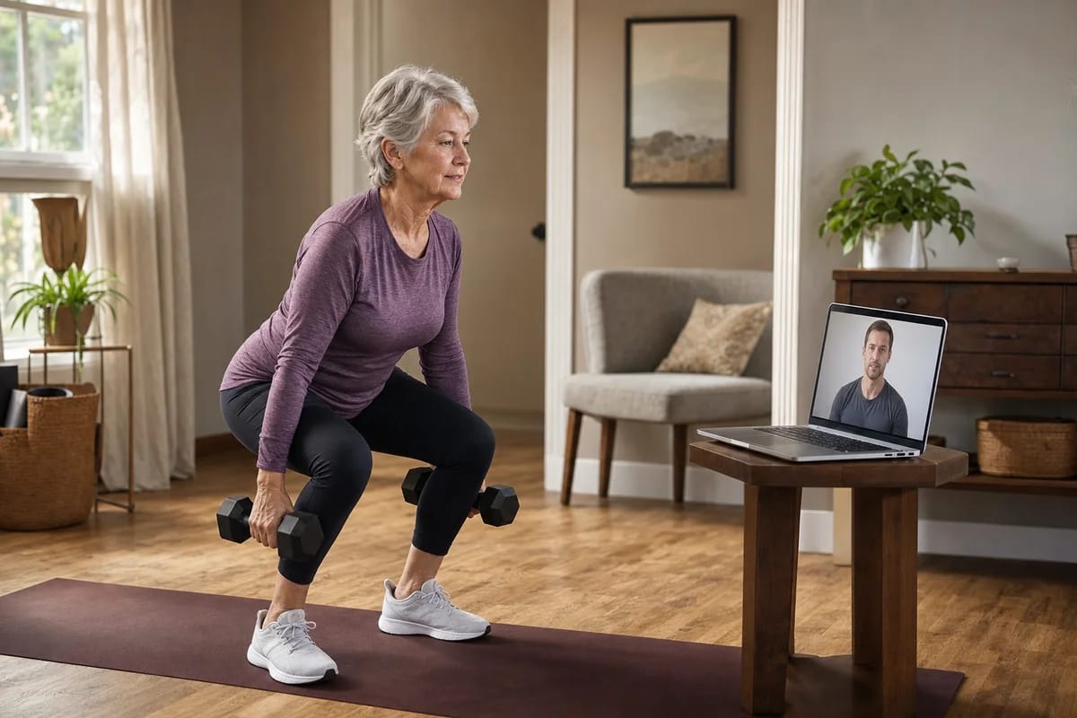 A woman in her seventies doing a supervised dumbbell squat at home, coach visible on a laptop screen, confident and steady