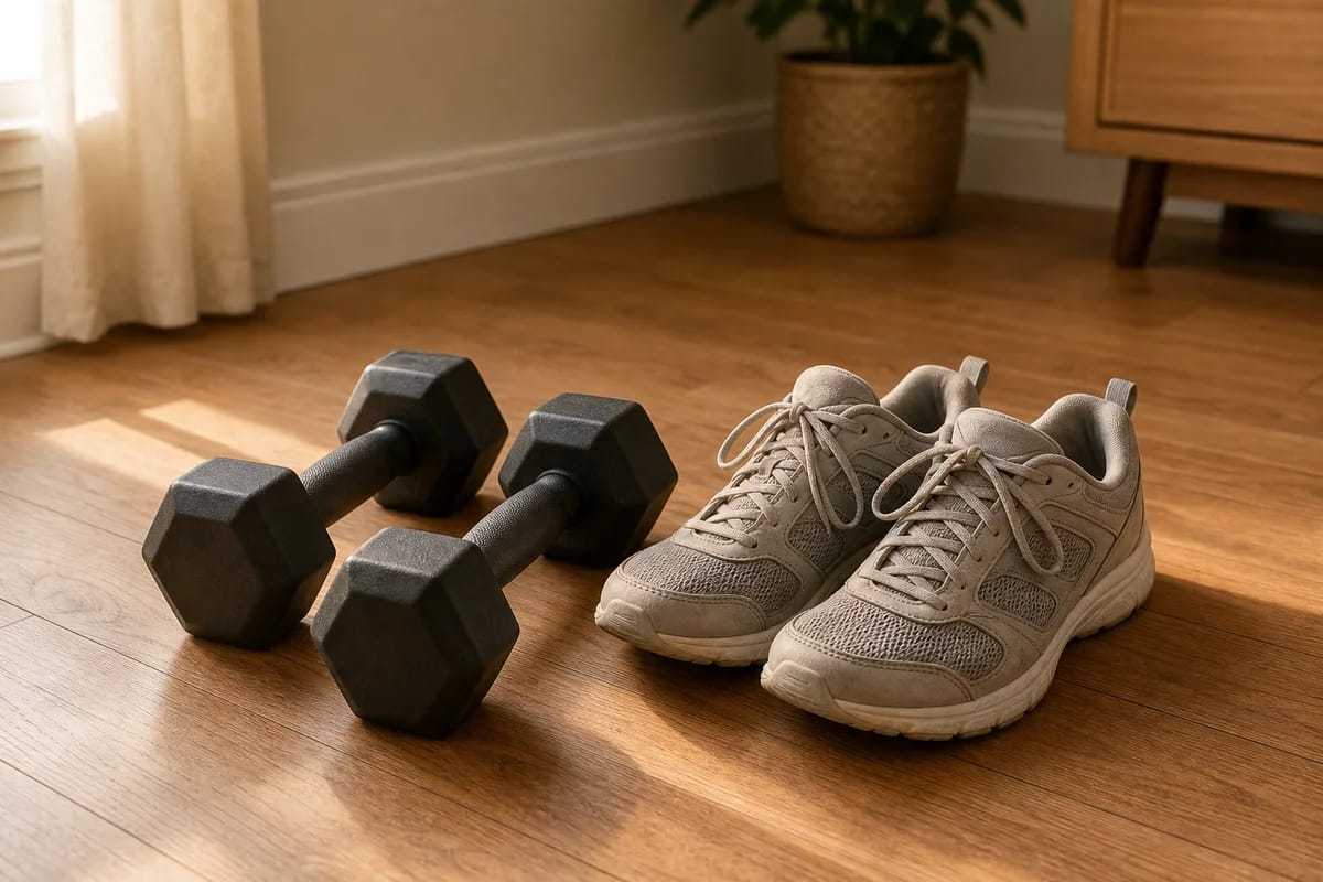 A pair of dumbbells and a pair of walking shoes side by side on a wooden floor, morning light, quiet home setting