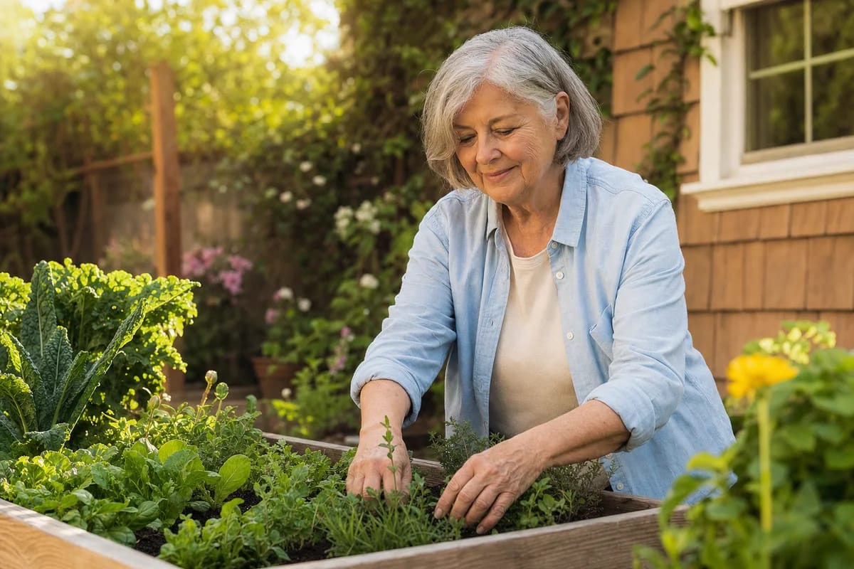 A conceptual scene of an older woman gardening comfortably at home, healthy and independent