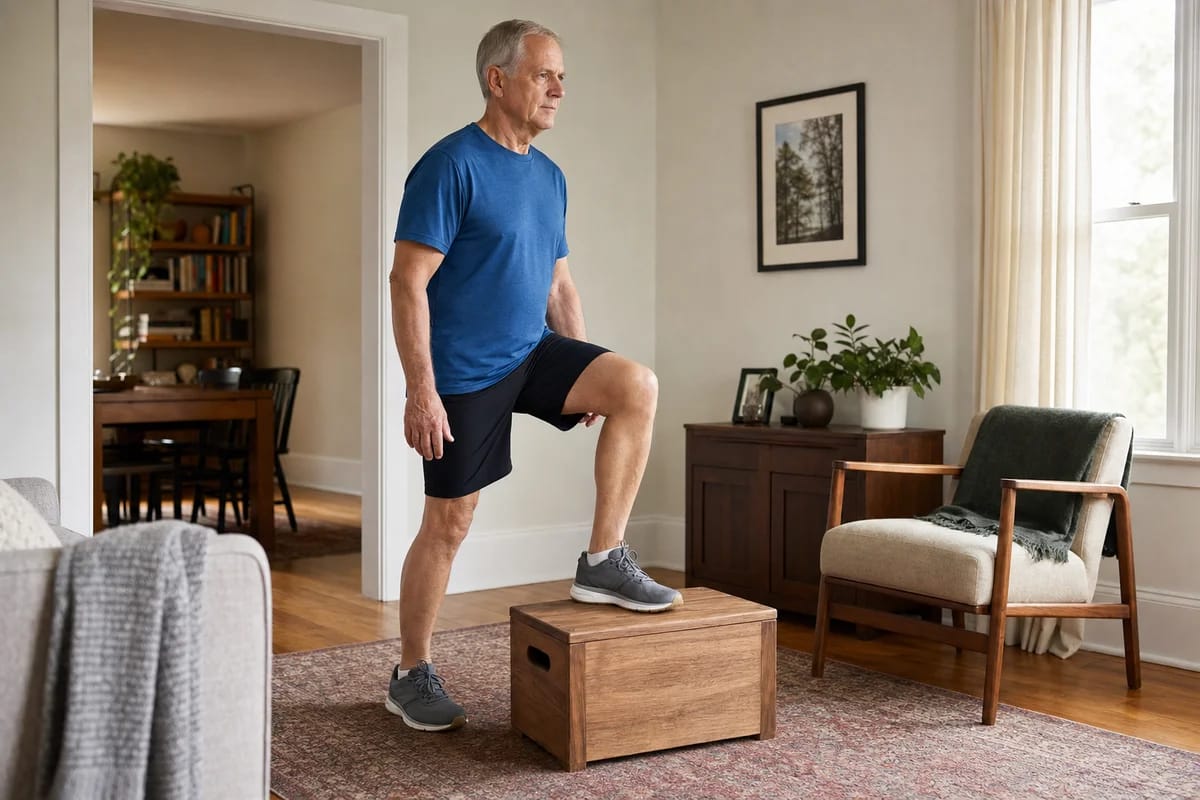 An older man doing a controlled step-up onto a low box in a home setting, focused, believable and unstaged
