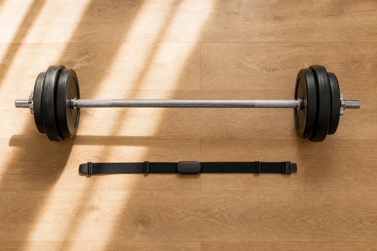 A clean flat-lay of a barbell and a heart-rate chest strap side by side on a wood floor