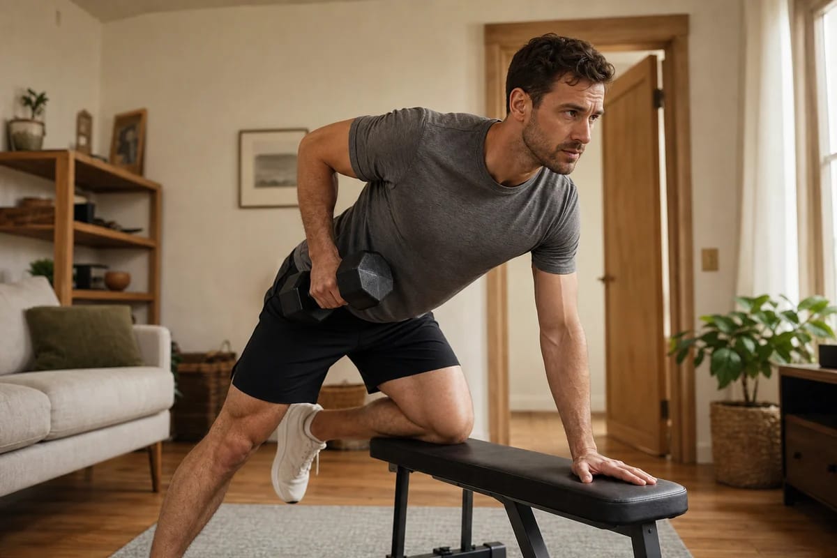 A person mid-set with a single dumbbell in a simple home setting, focused expression
