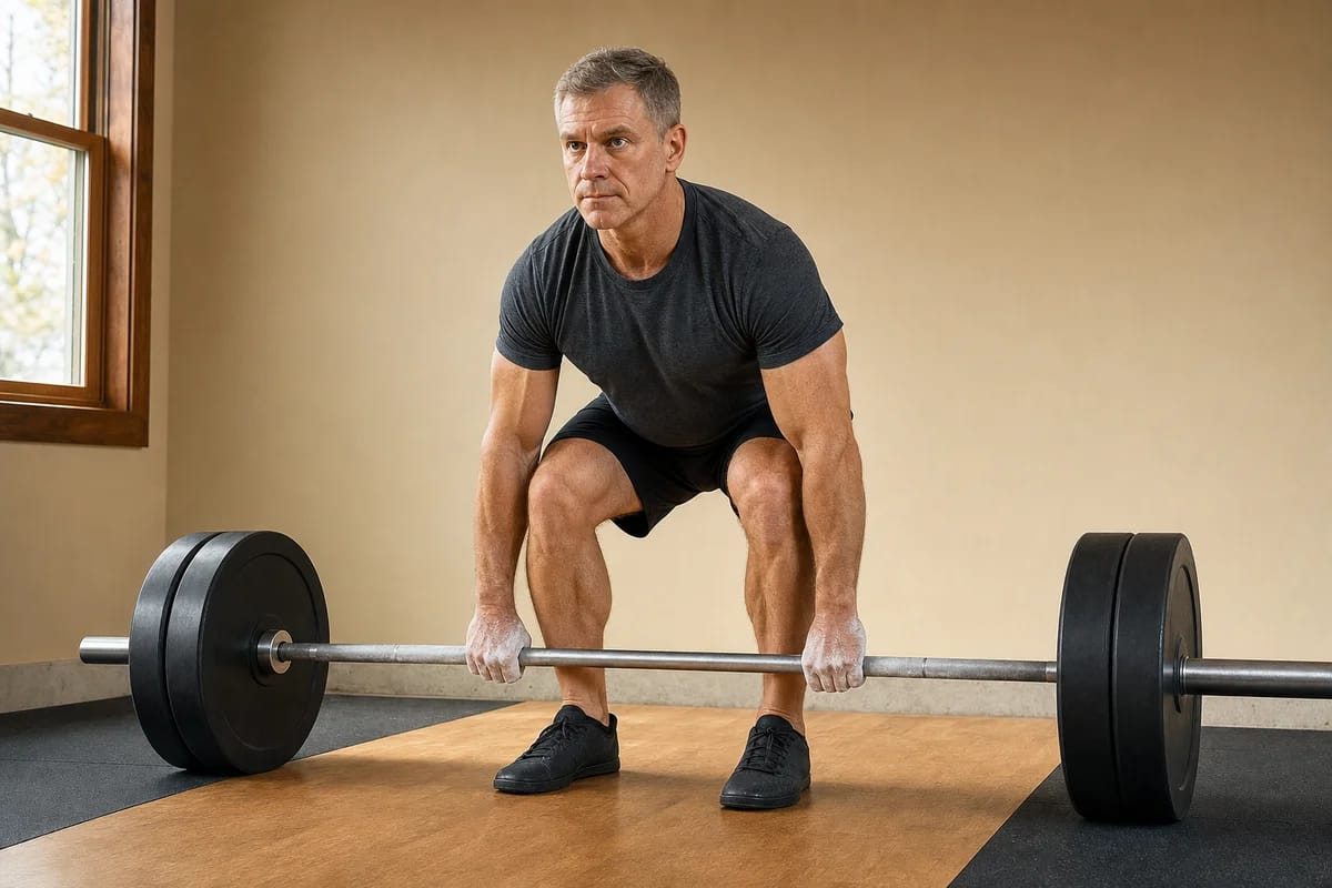 A person in their fifties setting up for a heavy barbell deadlift in a home garage gym, chalked hands on the bar, braced and focused