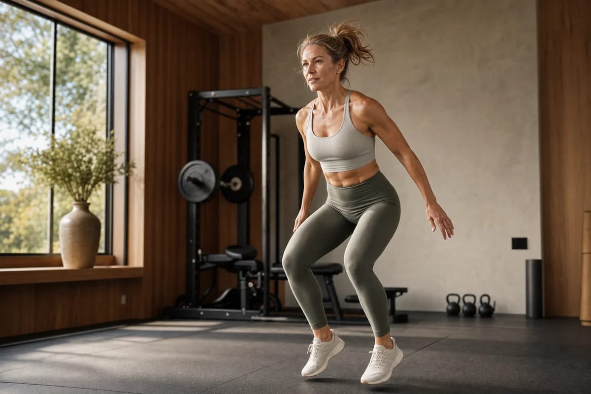 A woman in her forties mid-jump landing softly on a home gym floor, athletic and controlled