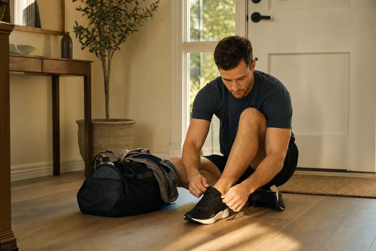 A person lacing up training shoes by the front door in warm morning light, gym bag ready, a sense of a daily habit taking hold