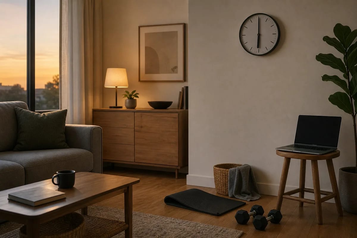A living room corner set up for home training, dumbbells and mat in their usual spot, laptop open on a stool, a wall clock showing six, everything already in place