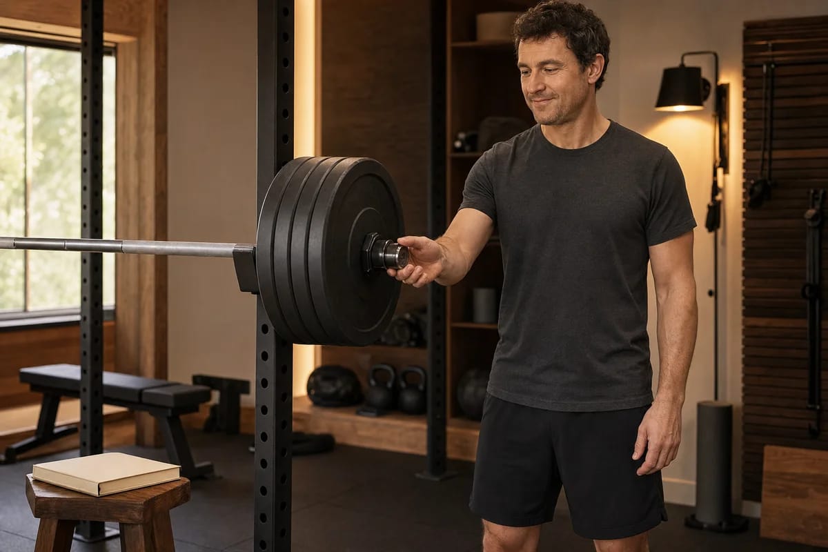 A person checking the loaded barbell or a training log with quiet satisfaction, no visible body change, focus on the numbers rather than the physique