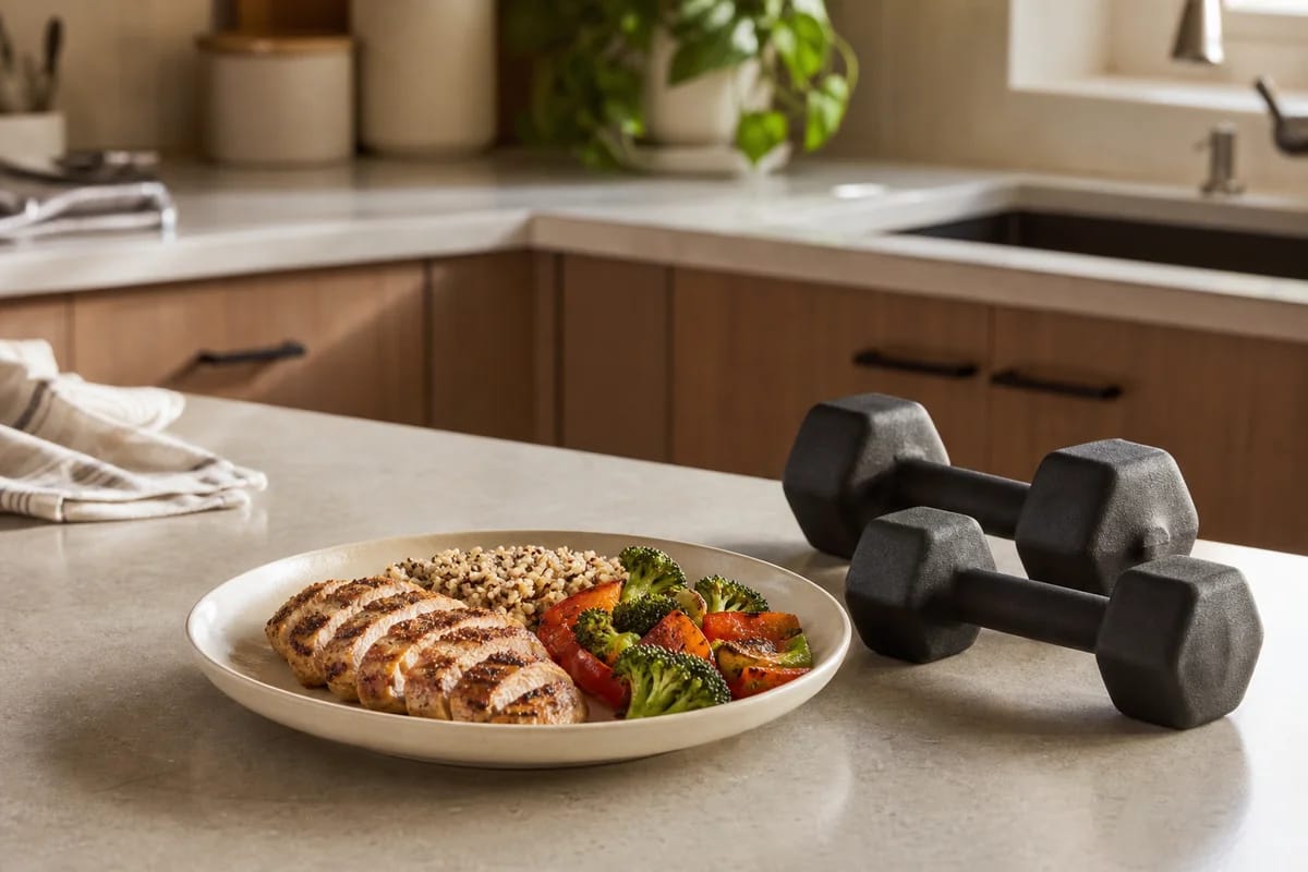 A plate of simple protein-forward food beside a set of dumbbells on a kitchen counter, everyday home scene