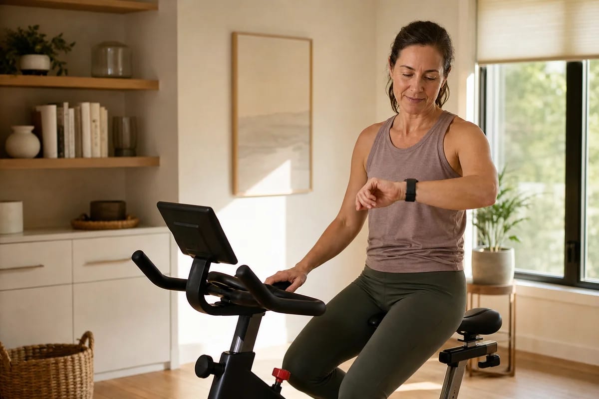 A man in his forties finishing an easy indoor bike session at home, checking his watch, relaxed and unhurried