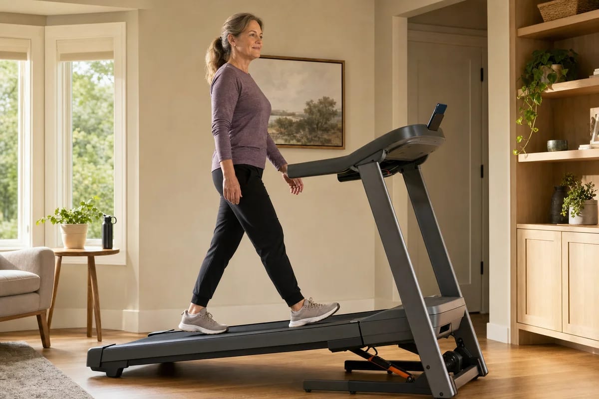A woman in her fifties doing an easy incline treadmill walk at home on a weekday morning, calm and steady, phone propped nearby