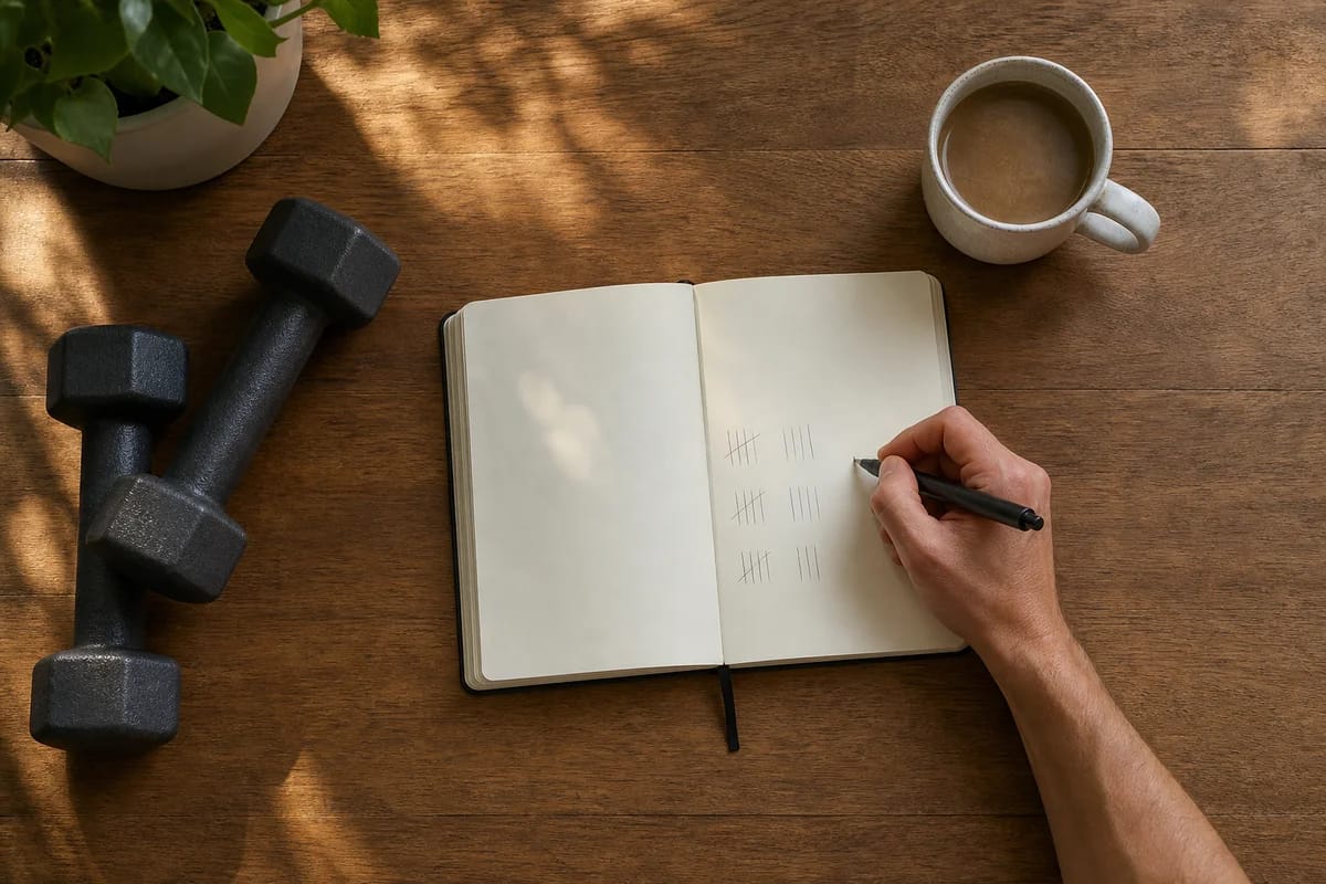 A clean overhead shot of a home workout log or notebook on a kitchen table next to two dumbbells and a coffee, someone tallying sets with a pen