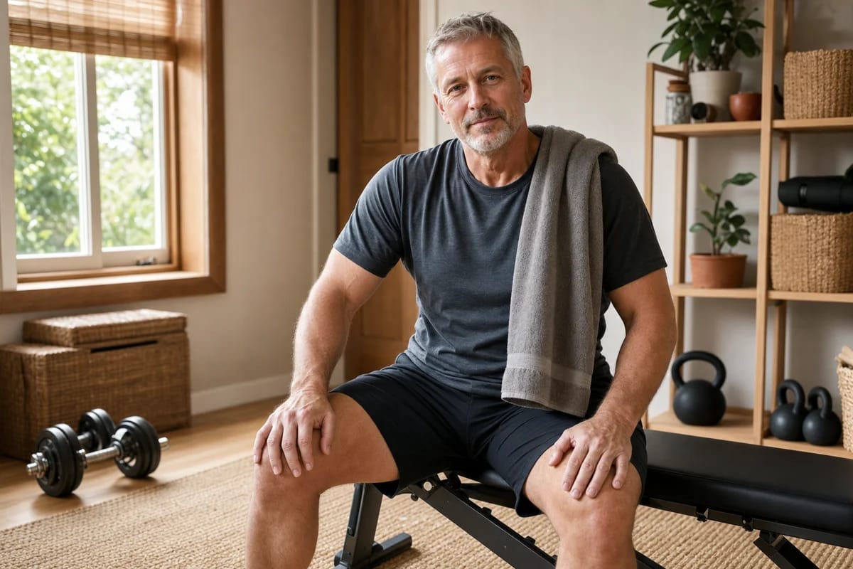 A person in their fifties resting between sets on the edge of a weight bench at home, towel over the shoulder, calm and unhurried