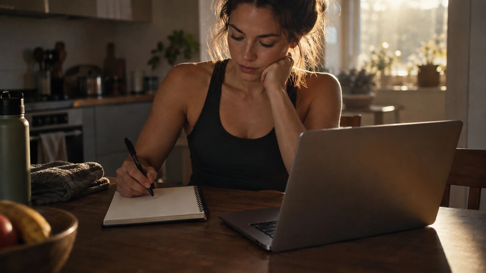 Woman resting between sets on a home gym bench in warm morning light with dumbbells and a phone beside her