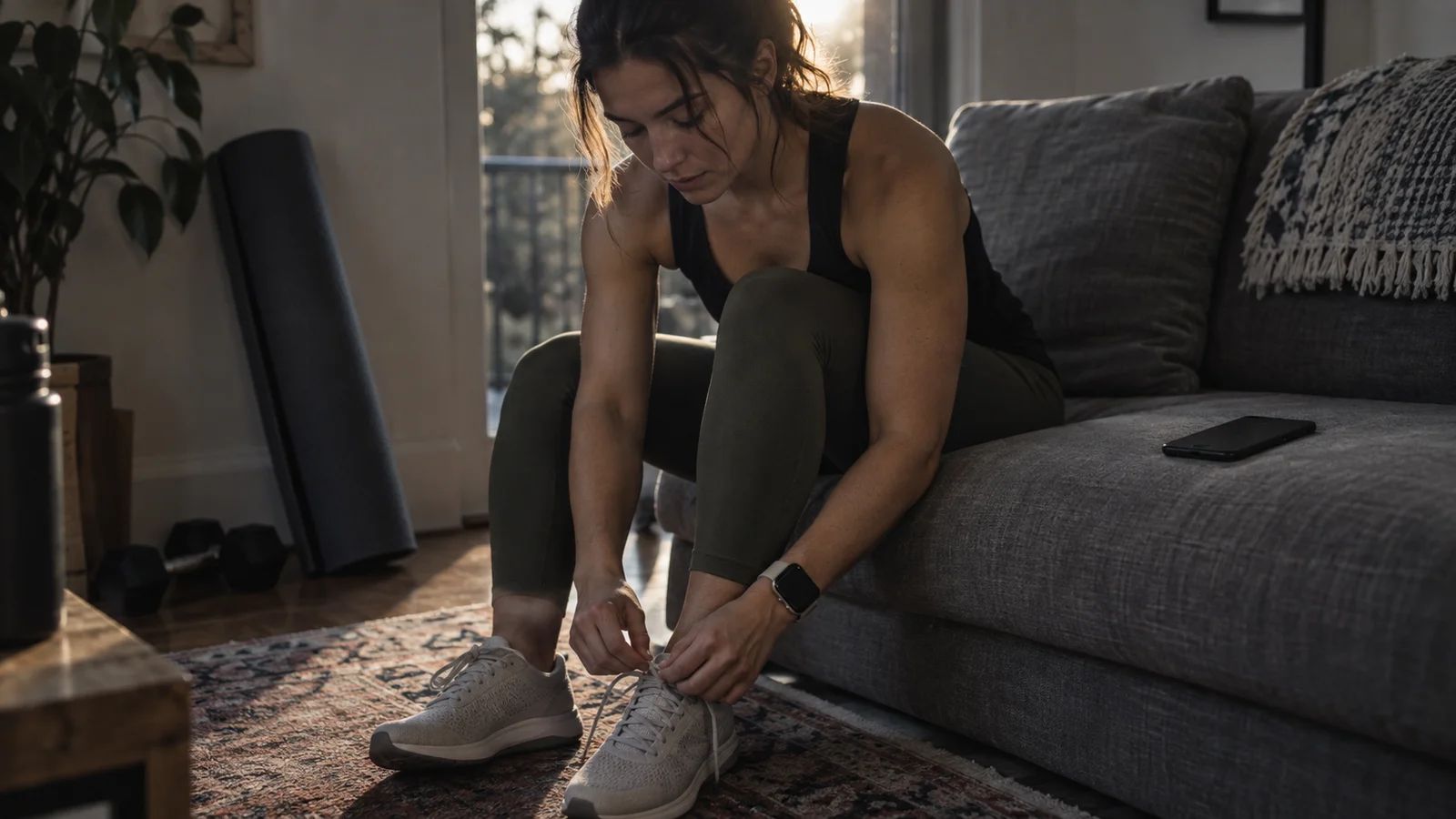Man sitting on a weight bench in a sunlit home gym checking his phone with dumbbells and a water bottle nearby