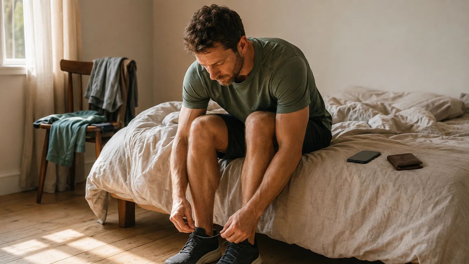 Man sitting on the edge of a bed lacing running shoes in early light with a wallet and phone beside him