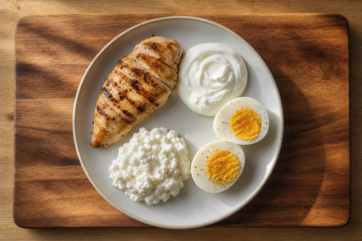 A warm overhead kitchen shot of a single balanced plate, grilled chicken breast, Greek yogurt, eggs and a scoop of cottage cheese arranged simply on a wooden bo