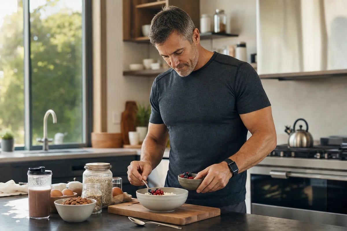 A person in their late forties at a kitchen counter in workout clothes, calmly assembling a high-protein breakfast after training, morning light, relaxed and un