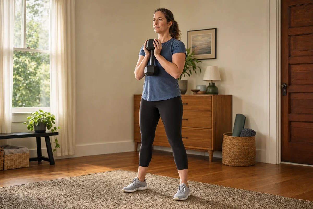 A beginner in their forties setting up for a goblet squat with a single moderate dumbbell in a home space, calm focused expression, emphasis on clean position r